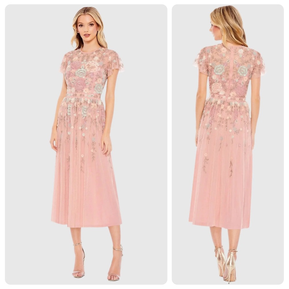 Mac Duggal Beaded Floral Flutter Sleeve Cocktail Dress – Size 8 – Dusty Rose